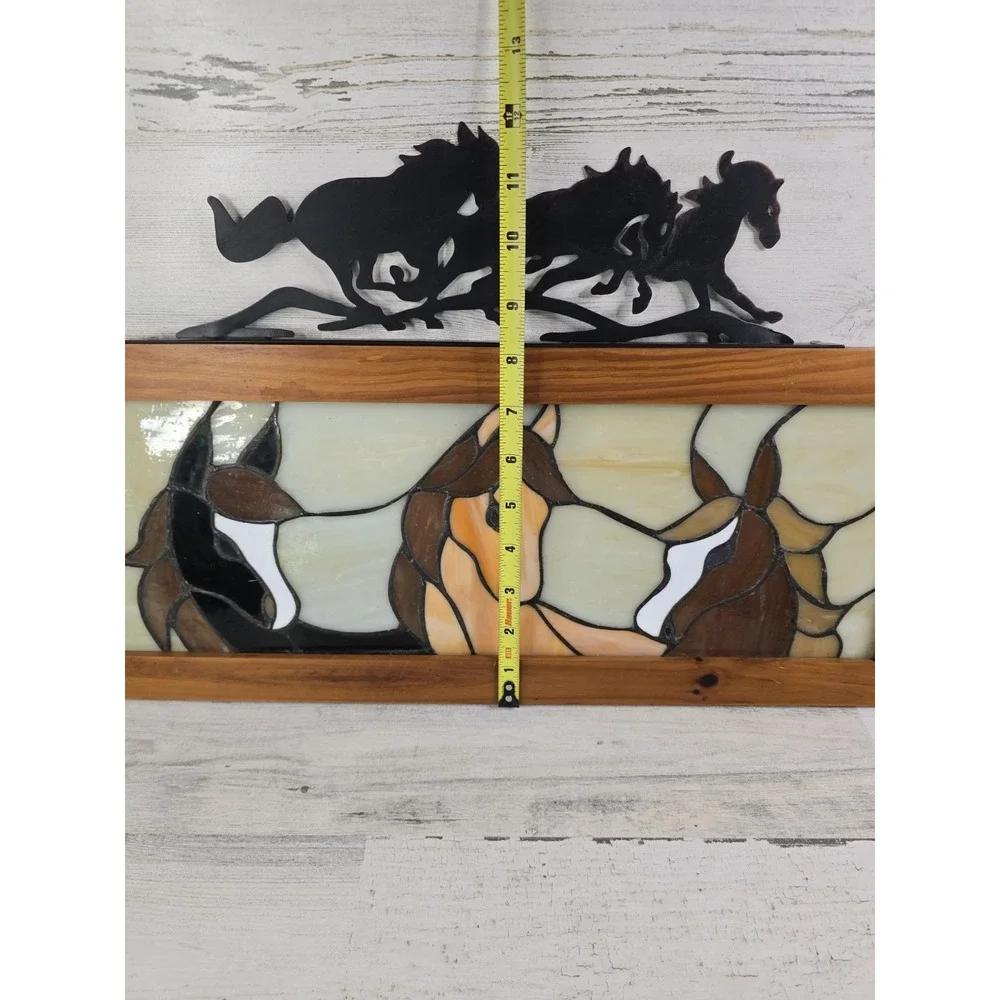 Rustic Stained Glass Horse Wall Art Wood Frame Metal Galloping Horses Topper